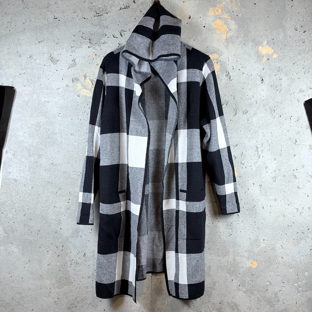 Belldini Cardigan Sweater Women's 1X Gray Black Plaid Knit Open Front Hooded